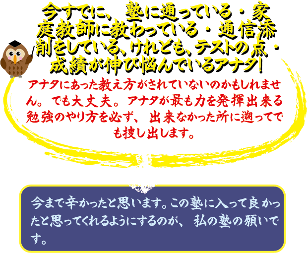 今までに、塾に通っている・家庭教師に教わっている・通信添削をしている、けども、テストの点・成績が伸び悩んでいるアナタ! アナタにあった勉強法がされていないのかもしれません。でも大丈夫。アナタが元々力を見つけ出来る勉強の仕方を見出し、出来なかった所まで遡って指導し出します。